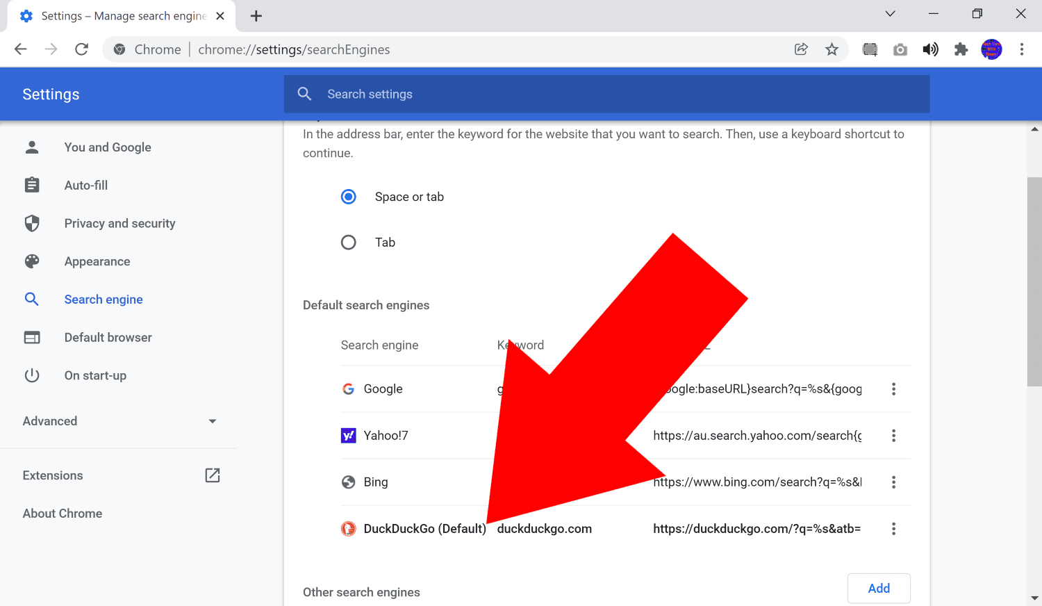 google chrome change default search engine