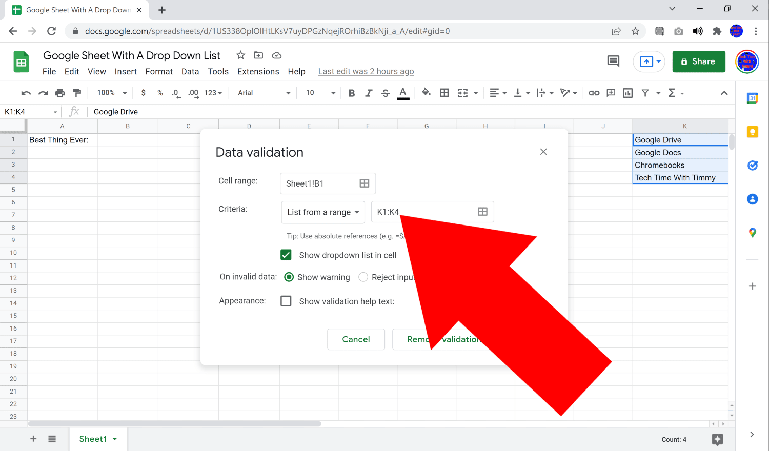 google sheets how to create drop down