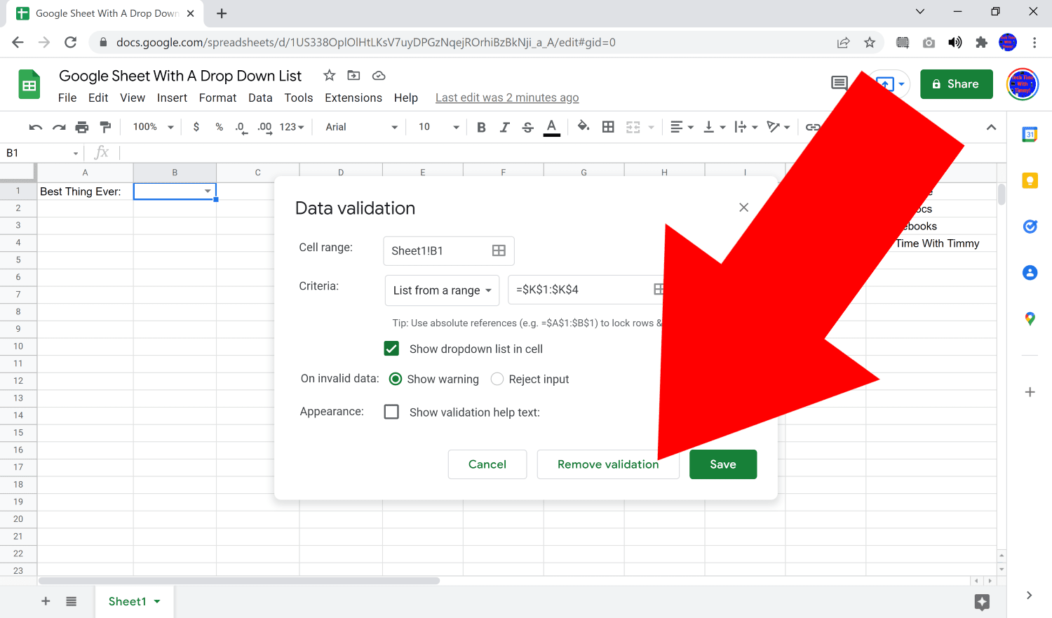 google sheets how to make a drop down list