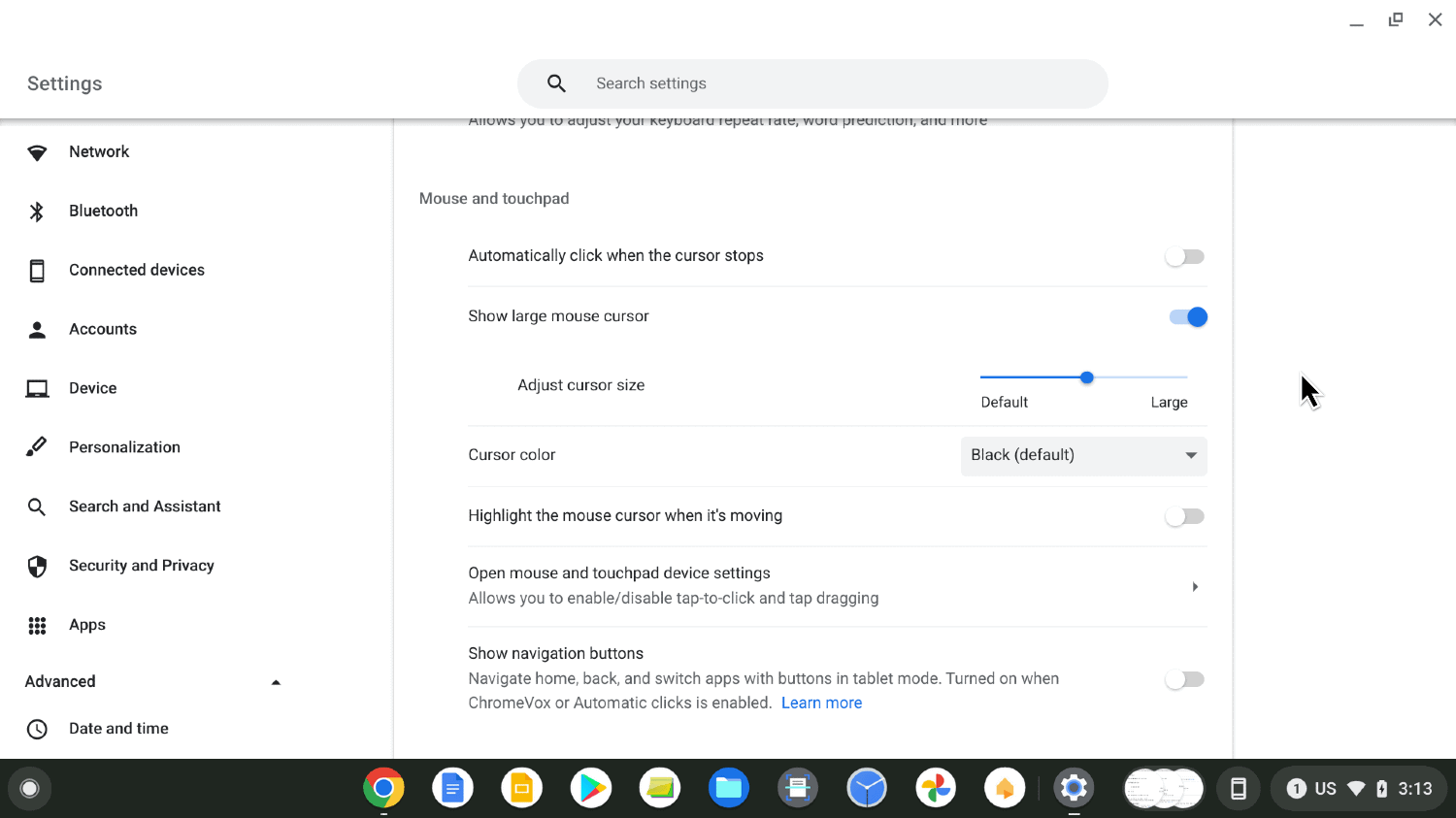 chromebook mouse pointer size