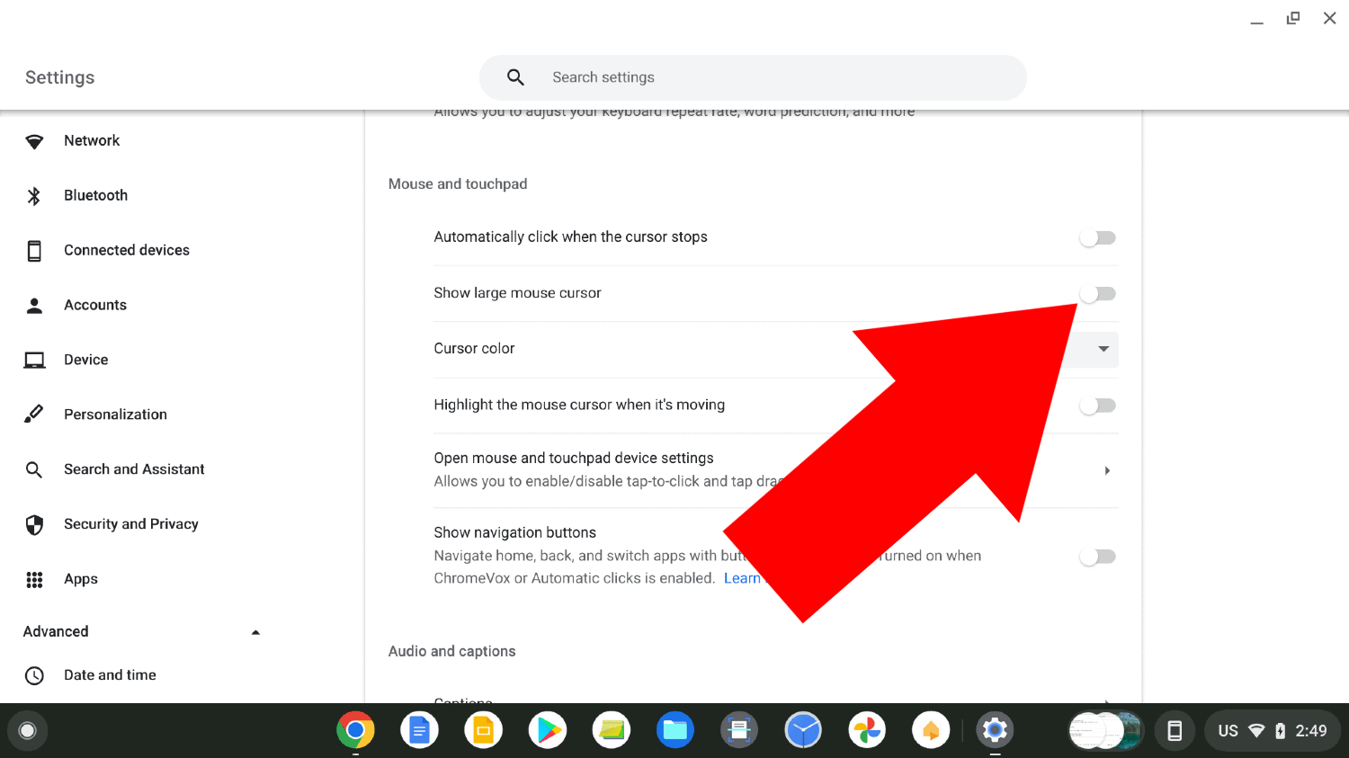 how to make your cursor bigger on chromebook