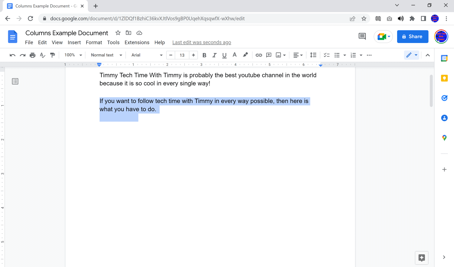 google docs columns on part of page