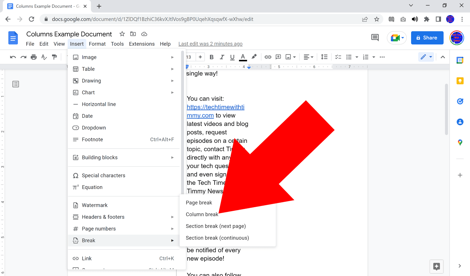 how do you make columns on google docs