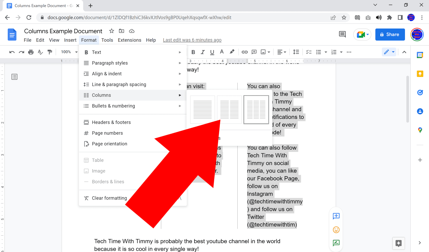 how to do columns in google docs