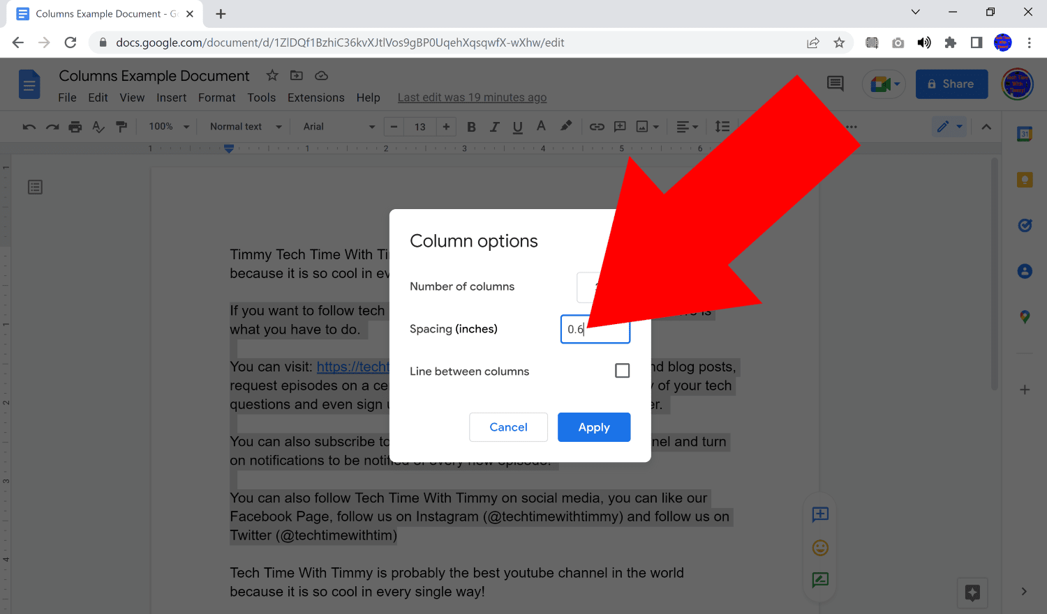 how to insert columns in google docs