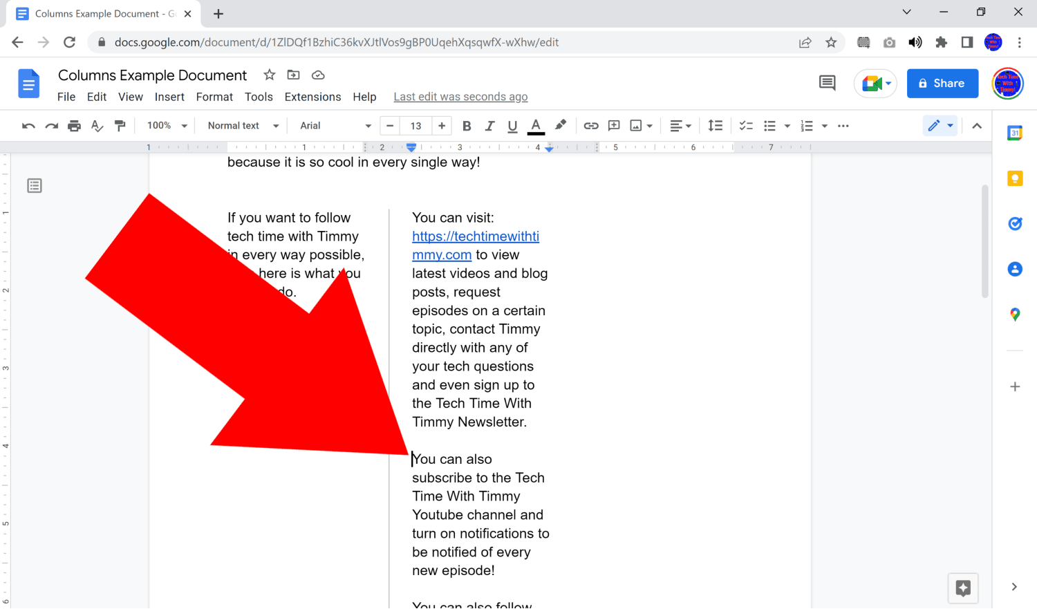 how to make a column on google docs