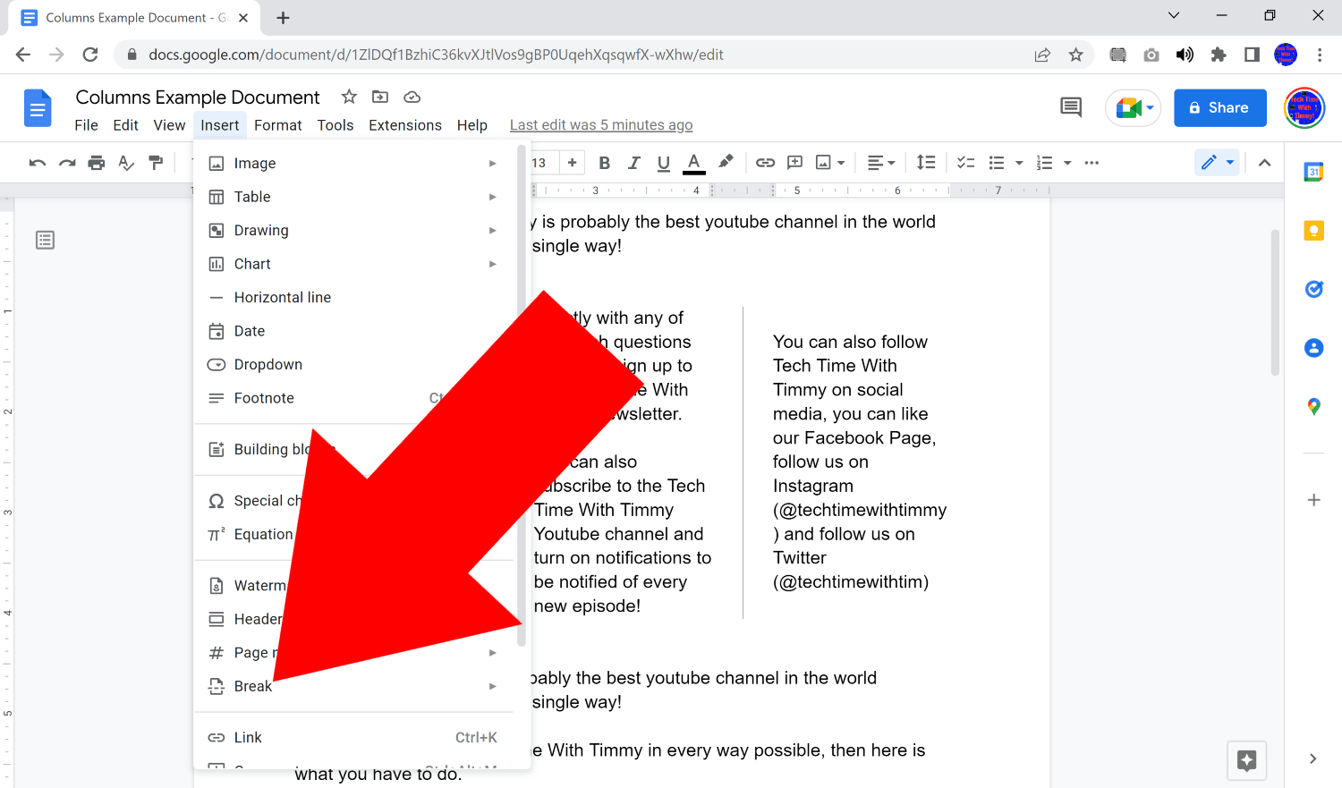 how to make a two column list in google docs