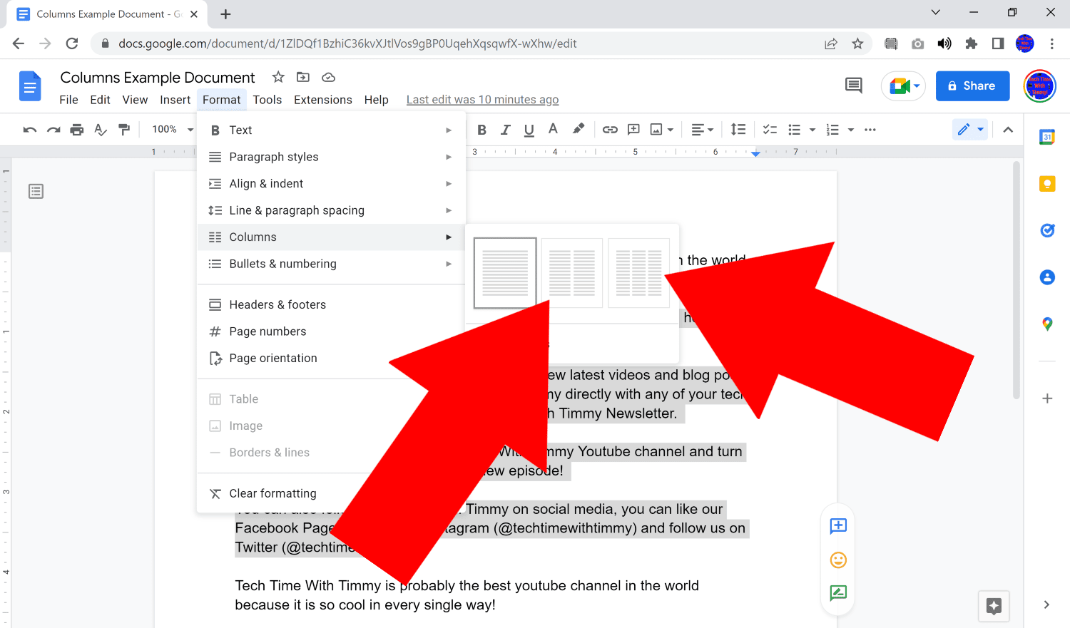how to make columns in google docs
