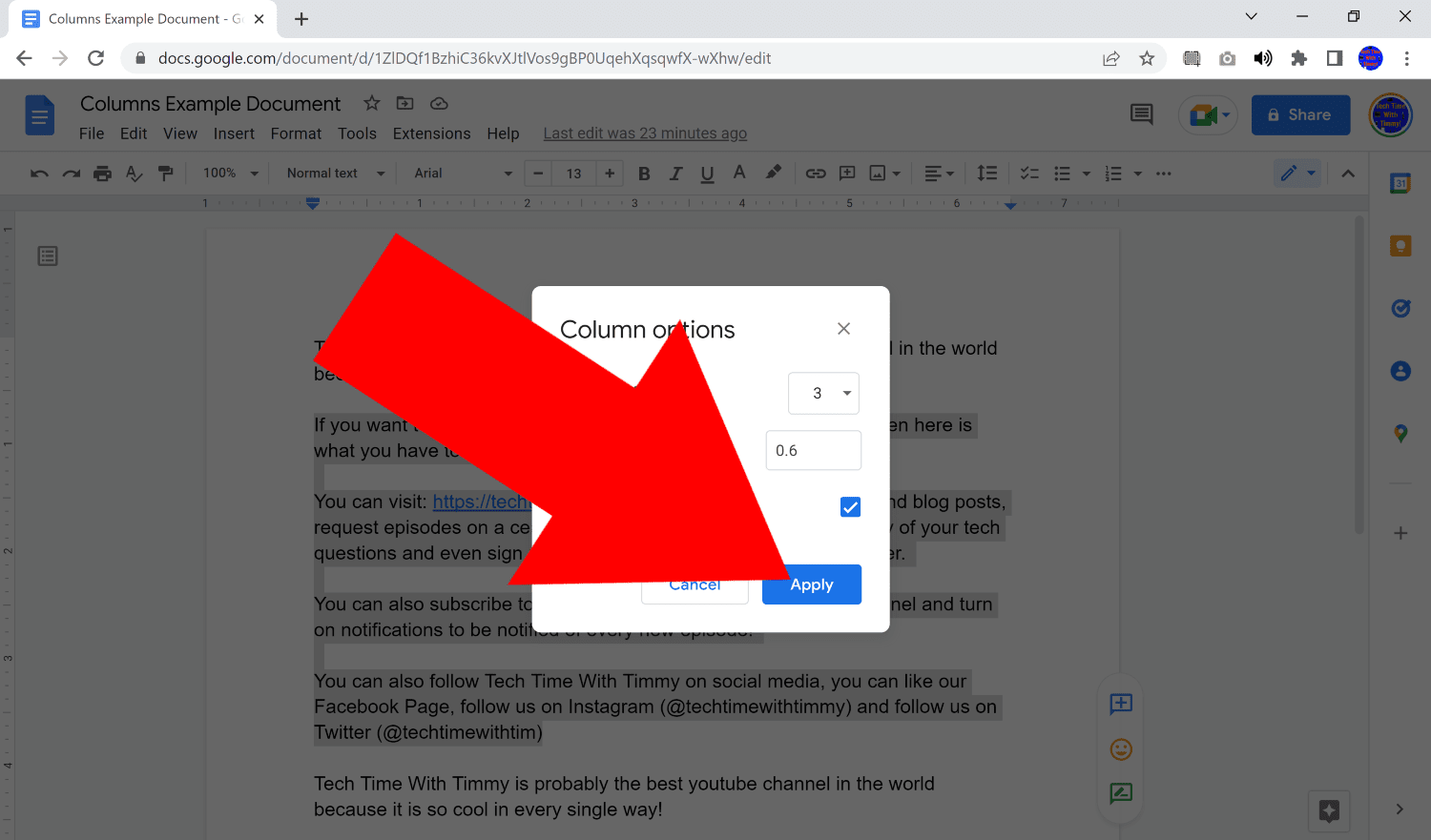 how to put columns in google docs