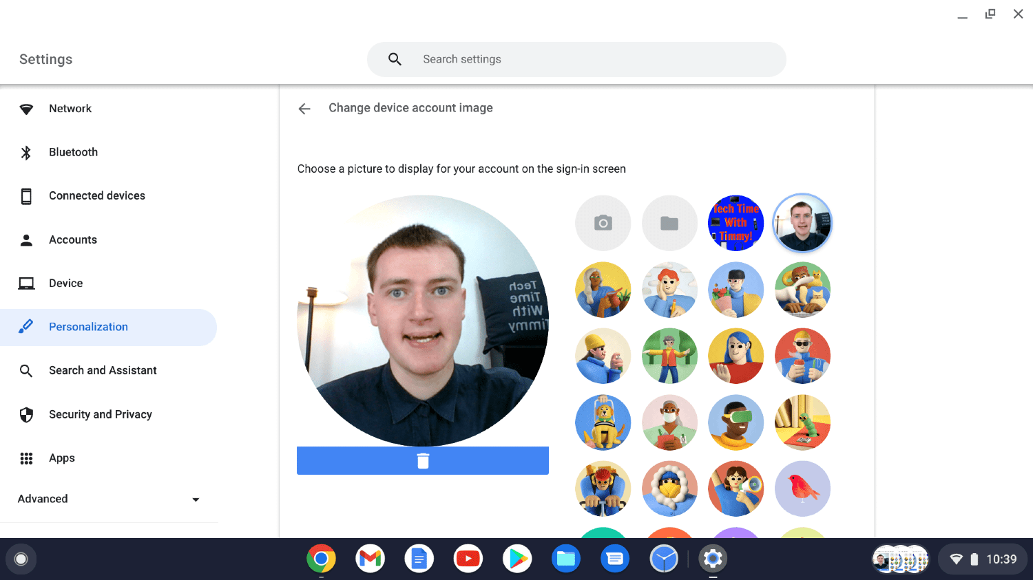 how to change chromebook profile picture