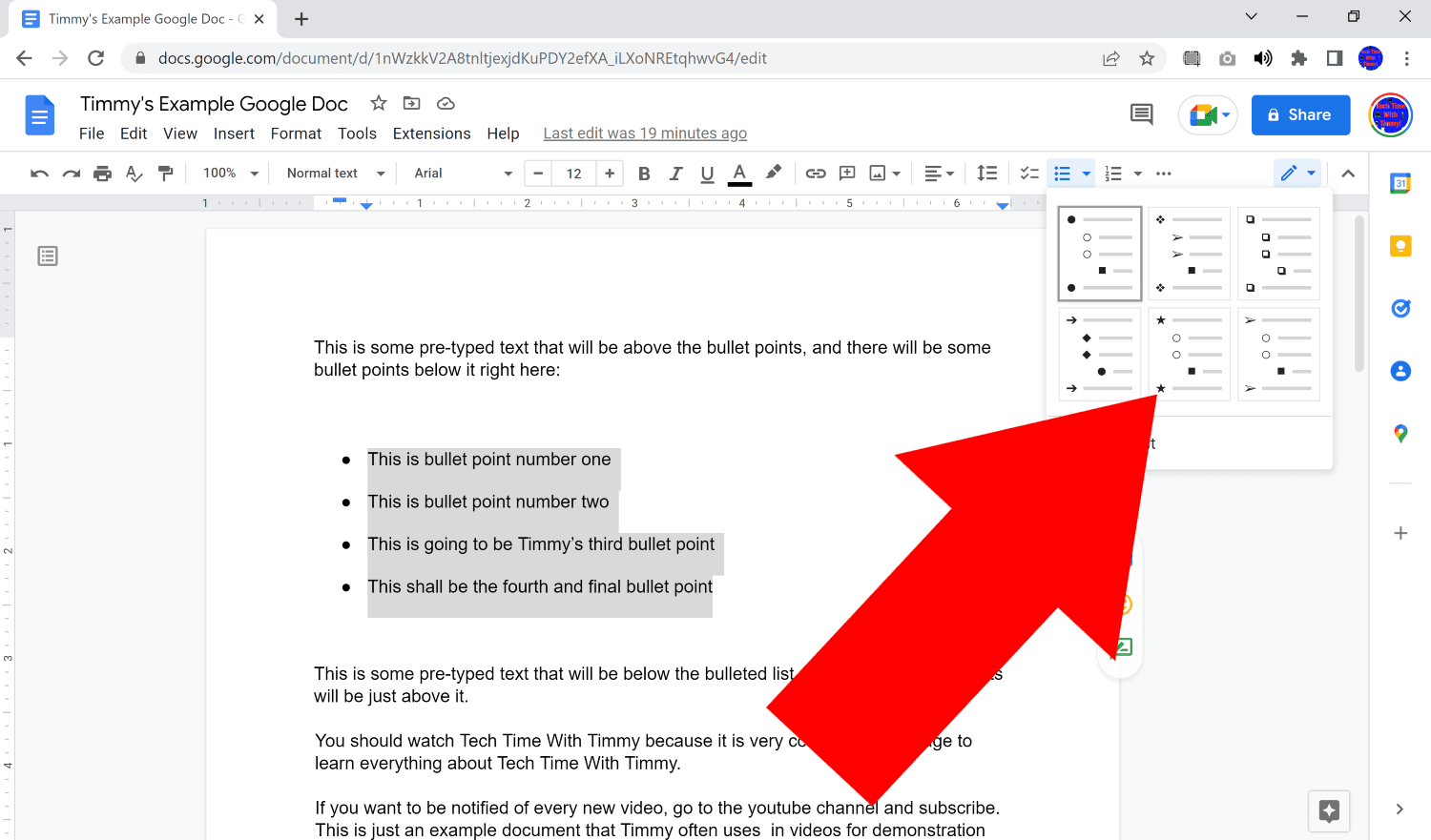 how to get bullet points in google docs